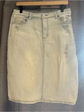 Light Beige Denim Midi Pencil Skirt